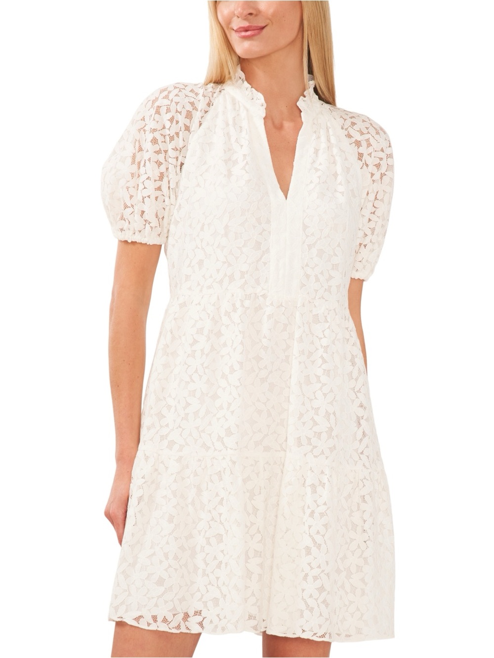 CeCe White Lace Puff-Sleeve Mini Dress